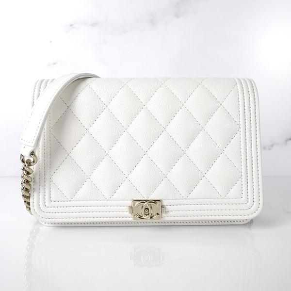 CHANEL Caviar Quilted Boy Wallet On Chain WOC White