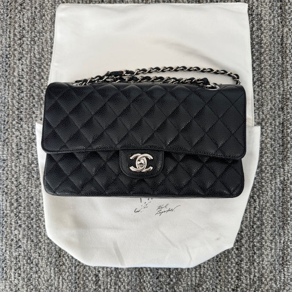 Chanel Classic Black Quilted Leather Double Flap Bag With Silver Hardware & Chain Strap