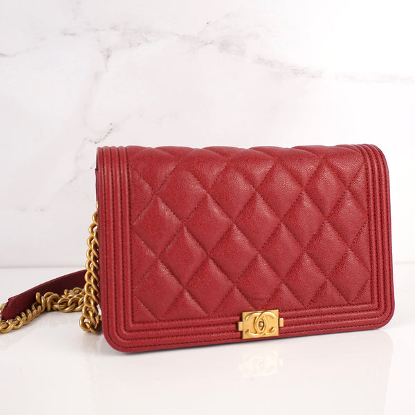 CHANEL Caviar Quilted Boy Wallet On Chain WOC Red