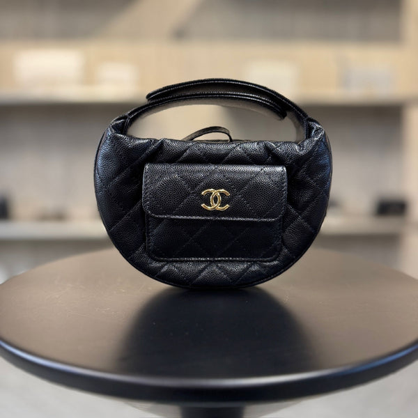 Chanel Black Quilted Leather Round Mini Bag With Gold CC Logo & Top Handle