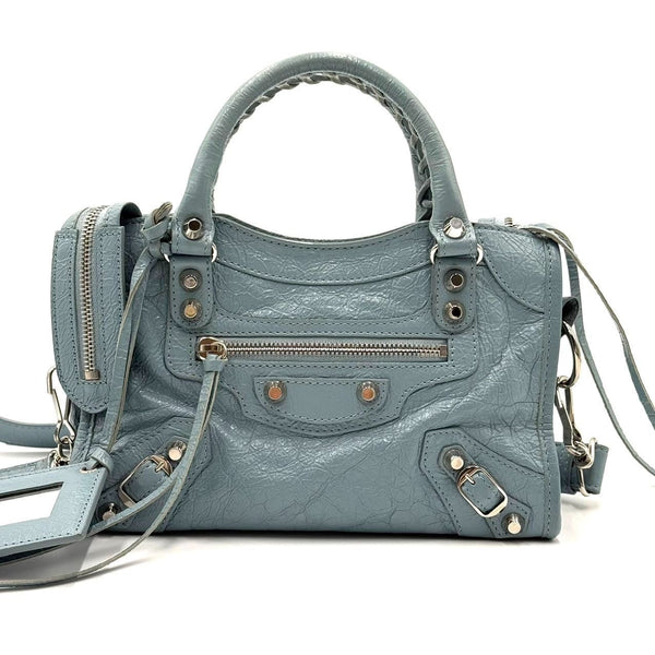 Balenciaga Mini City Bag In Light Blue Leather With Silver Hardware