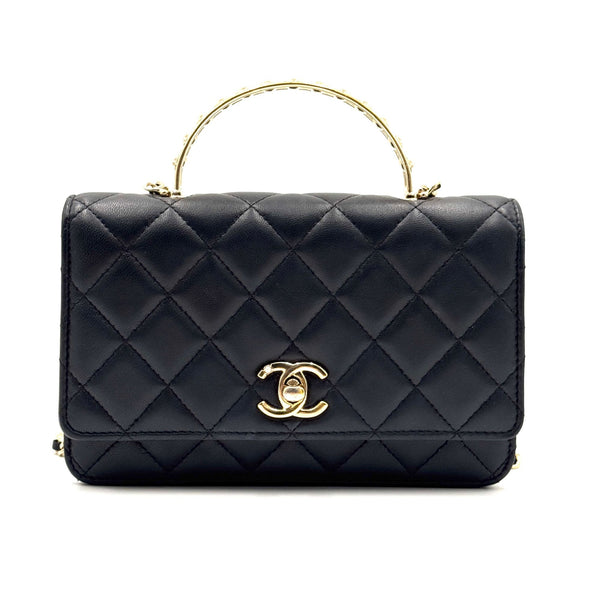 Chanel Black Quilted lambskin Mini Flap Bag With Gold Pearl Top Handle