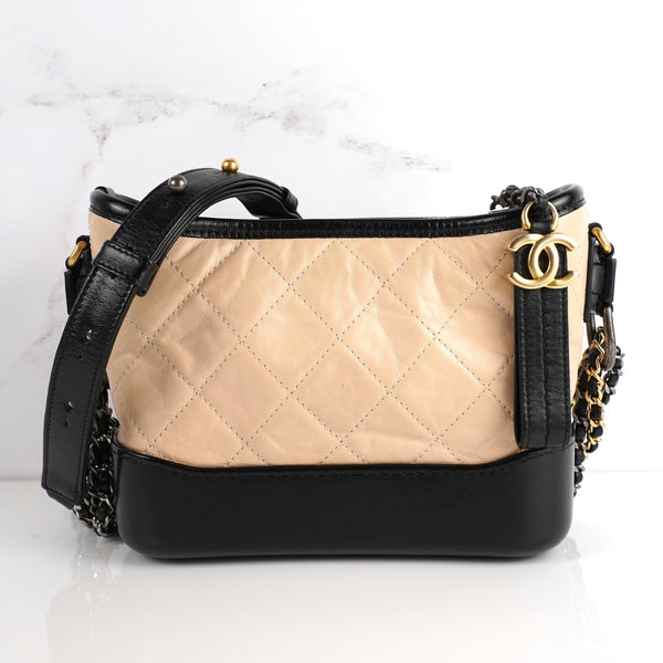 CHANEL Aged Calfskin Quilted Small Gabrielle Hobo Beige Black