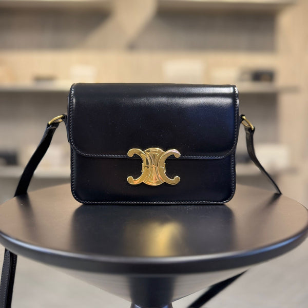 CELINE Triomphe Small Flap Bag In Black Box Calfskin Leather With Gold Hardware