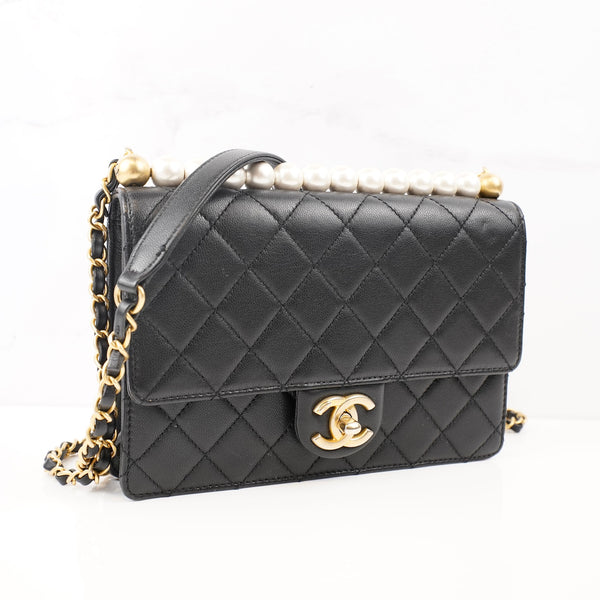 CHANEL Lambskin Quilted Small Chic Pearls Flap Black