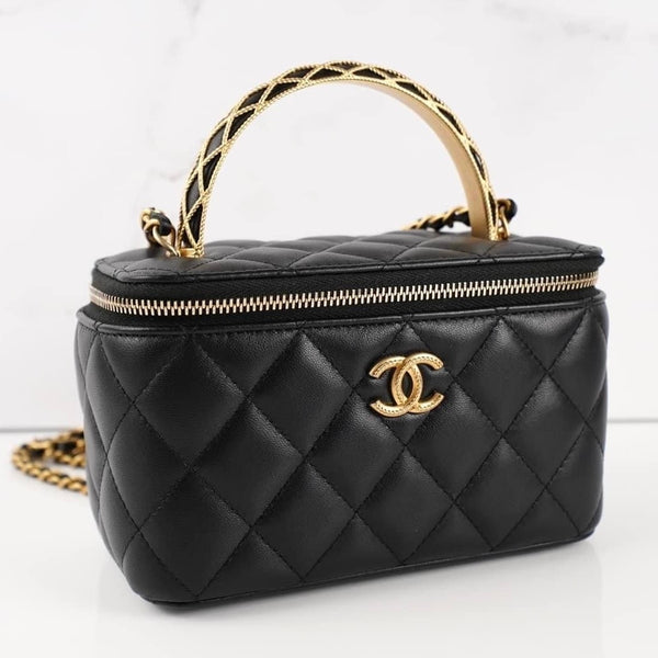 CHANEL 23A Lambskin Quilted Top Handle Suitcase with Black Chain