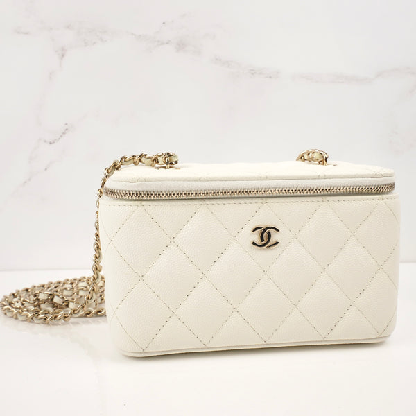 CHANEL Small Quilted Caviar Toiletry Bag with Chain in White