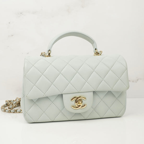 CHANEL Lambskin Quilted Mini Top Handle Rectangular Flap Light Blue