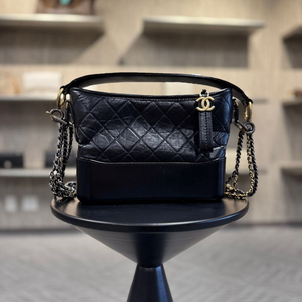 Chanel Gabrielle Small Hobo Bag Black Quilted Leather With Gold & Silver Chain Strap