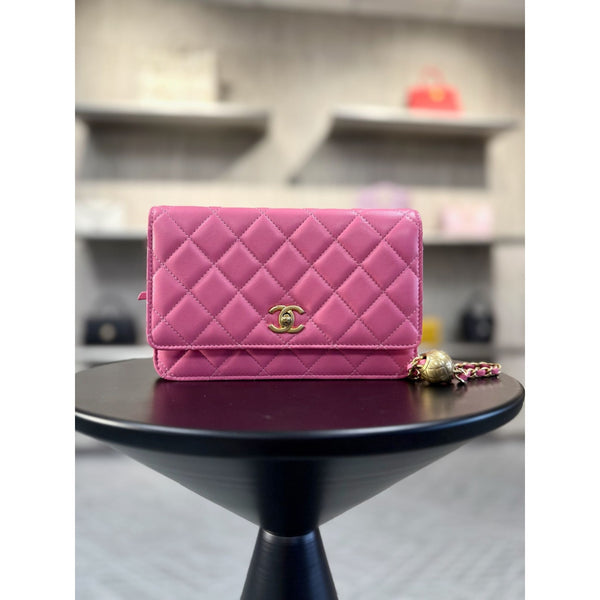 Chanel Pink Quilted Leather Wallet On Chain With Gold-Tone Hardware & Chain Strap