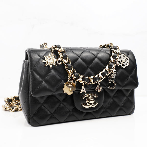 CHANEL Lambskin Quilted Mini Coco Charms Rectangular Flap Black