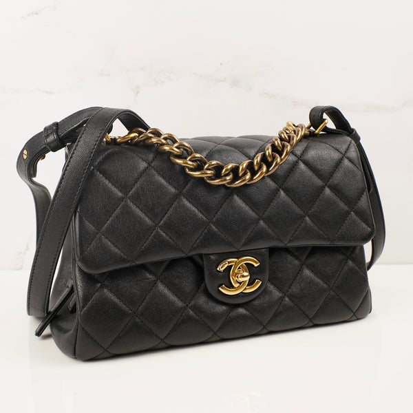 CHANEL Shiny Sheepskin Quilted Small Trapezio Flap Black