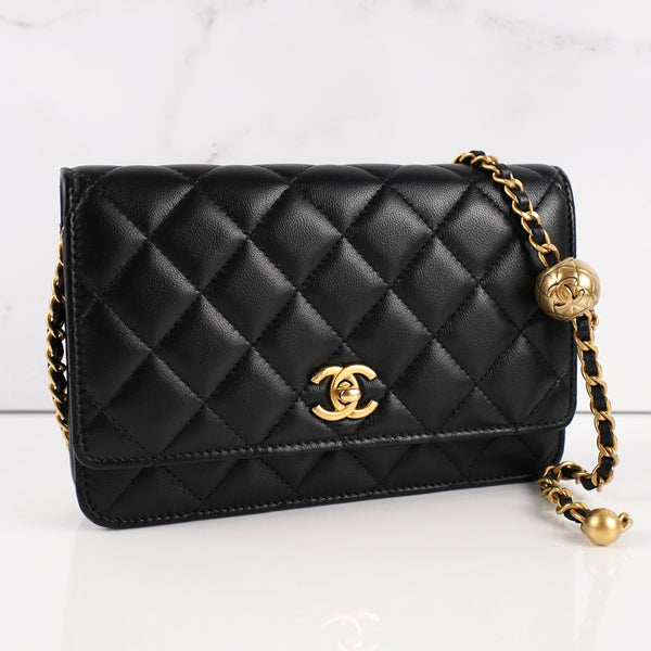 CHANEL Lambskin Quilted CC Pearl Crush Wallet on Chain WOC Black