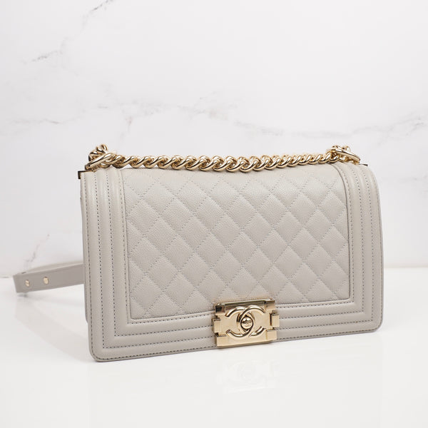 CHANEL Caviar Quilted Medium Boy Flap Light Grey