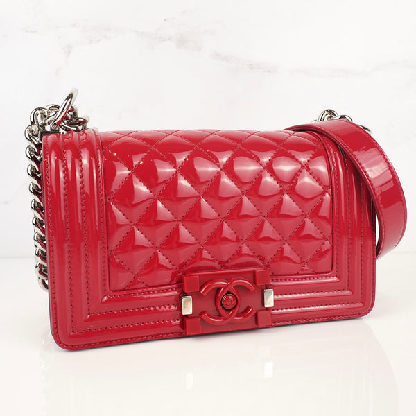 CHANEL Boy Flap Quilted Patent Leather Crossbody Bag Red