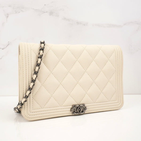 CHANEL Caviar Quilted Boy Wallet On Chain WOC White