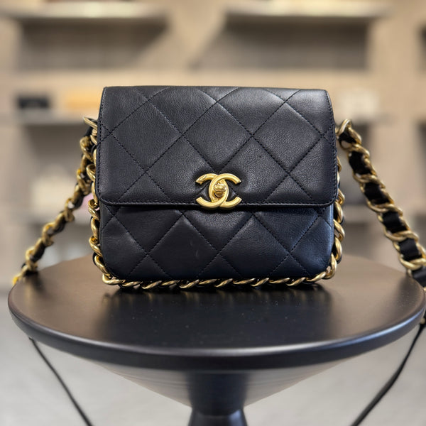 CHANEL FRAMING CHAIN BLACK FLAP BAG CALFSKIN GHW