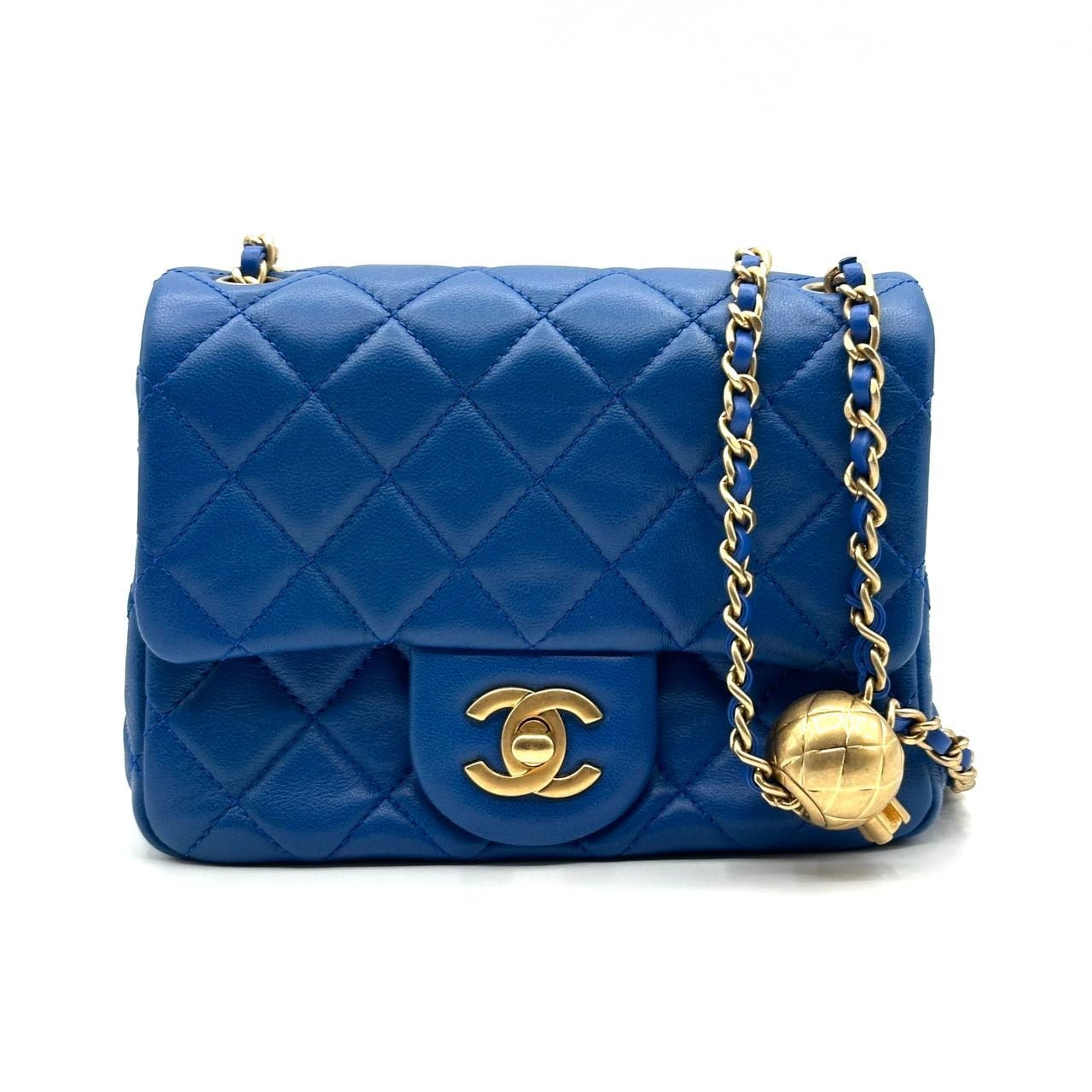 Blue Quilted Lambskin Pearl Crush Square Mini Flap Bag GHW – 959
