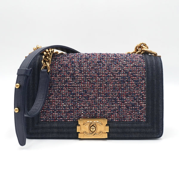 CHANEL Tweed Denim Medium Boy Flap Navy Blue