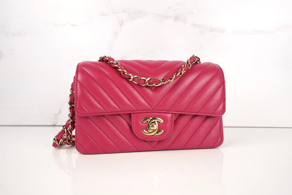 CHANEL Lambskin Chevron Quilted Mini Rectangular Flap Dark Pink