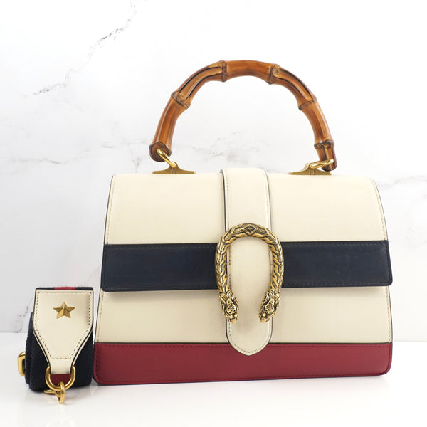 GUCCI                                          Calfskin Bamboo Web Medium Dionysus Top Handle Bag White Blue Hibiscus Red