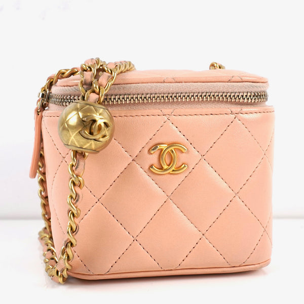 CHANEL Lambskin Quilted Pearl Crush Mini Vanity Case With Chain Beige