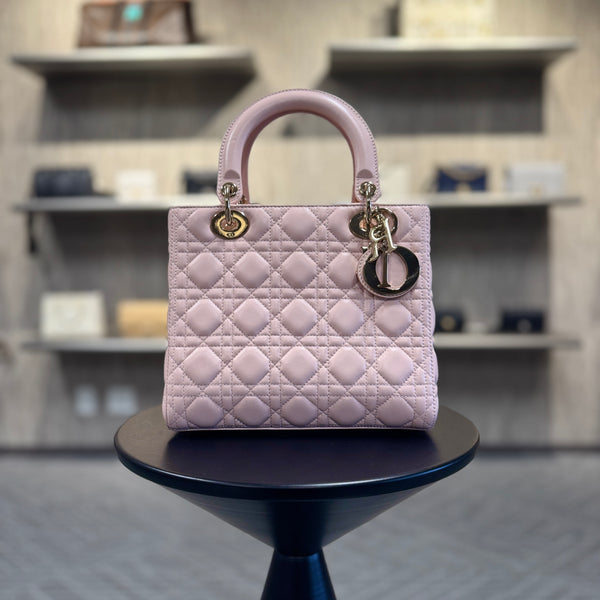 CHRISTIAN DIOR Pearly Pink Cannage Quilted Lambskin Lady Dior Medium