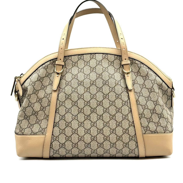 Gucci GG Supreme Canvas Beige Dome Satchel Bag Leather Trim Elegant Design