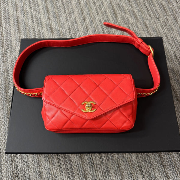 CHANEL Calfskin Quilted Carry With Chic Flap Waist Bag Red