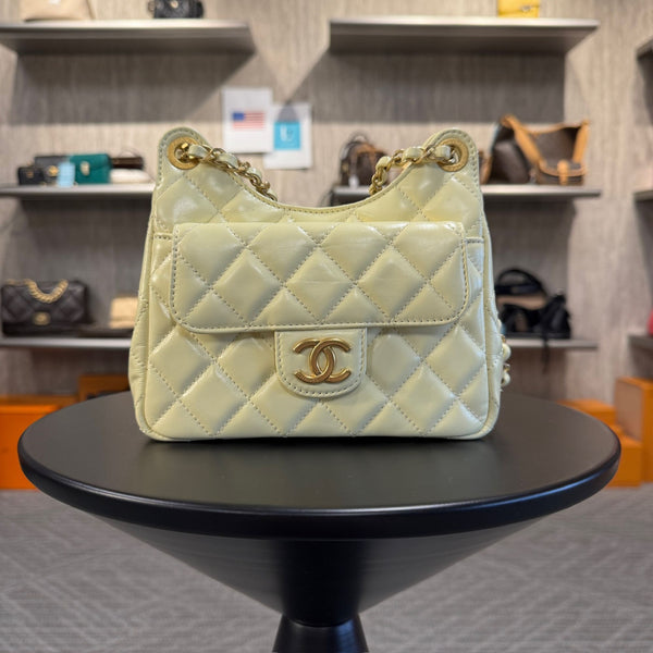 CHANEL Shiny Crumpled Calfskin Quilted Small Wavy CC Hobo yellow