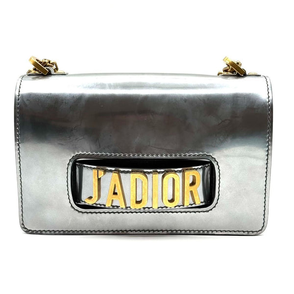 Christian Dior JAdior Metallic Silver Leather Shoulder Bag With Gold Chain & Logo Accent