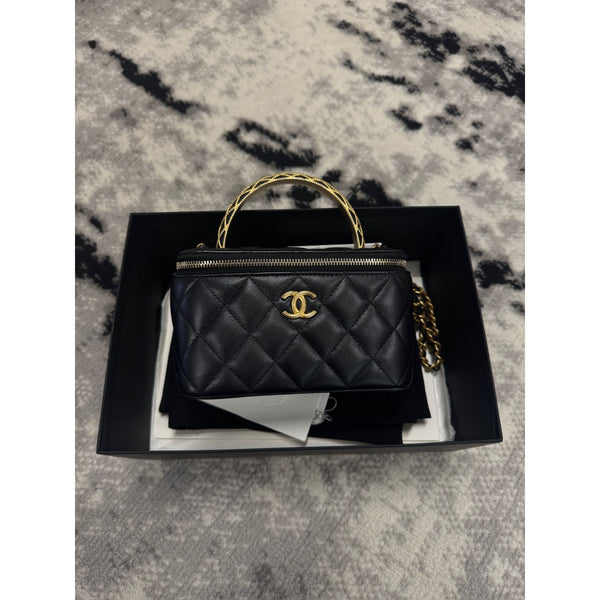 Chanel Black Quilted Lambskin Mini Vanity Case With Gold-Tone Hardware & Chain Strap