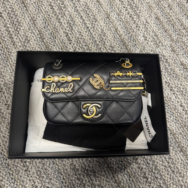 CHANEL Lambskin Quilted Mini Coco Clips Single Flap Black