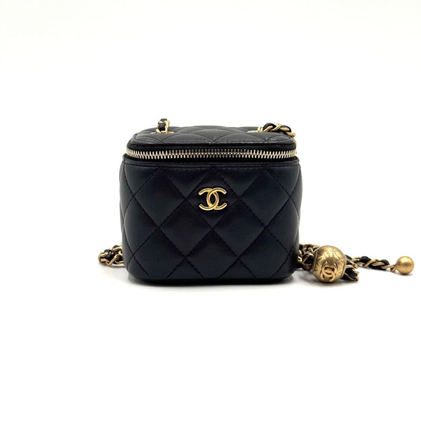 Chanel Quilted Black Lambskin Leather CC Vanity Case Mini Bag With Gold-Tone Hardware & Chain Strap