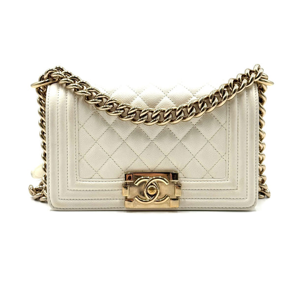 Chanel Quilted White Caviar Boy Bag light gold hardware
