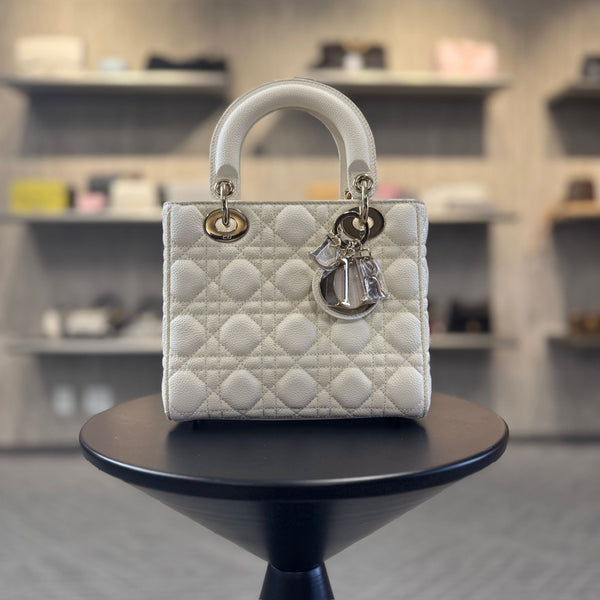 Christian Dior Lady Dior Mini Bag In White Cannage Quilted Leather With Gold Hardware
