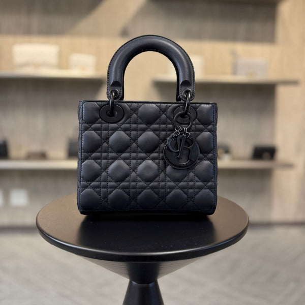Christian Dior Lady Dior Medium Black Quilted Lambskin Leather Handbag With Cannage Stitching