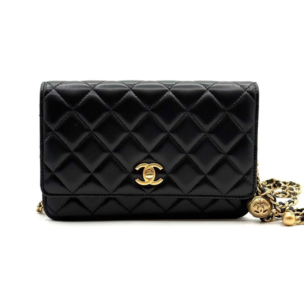Chanel Quilted Pearl Crush Wallet on Chain WOC Black Lambskin Aged Gold Hardware