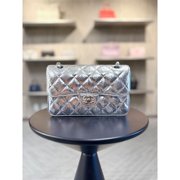 Chanel Silver Quilted Calfskin Double Flap Bag With Chain Strap