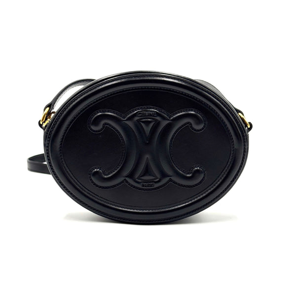 Celine Black Calfskin Triomphe Oval Crossbody Bag With Gold Hardware