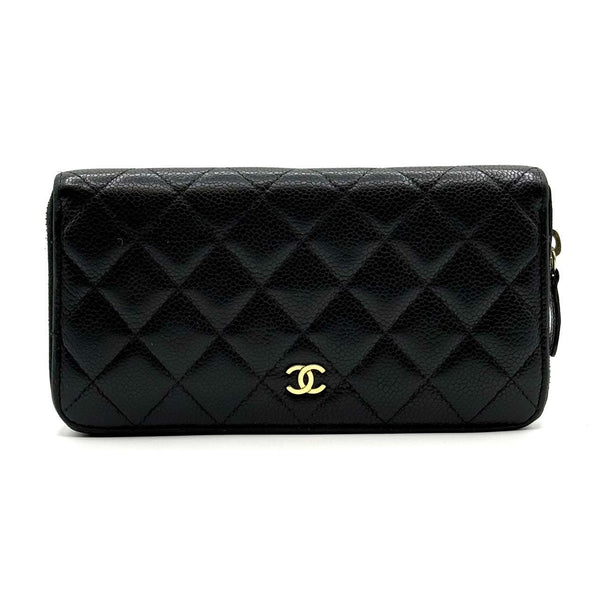 Chanel Black Quilted Caviar Leather Zip Wallet With Gold-Tone CC Logo & Full Zipper Closure
