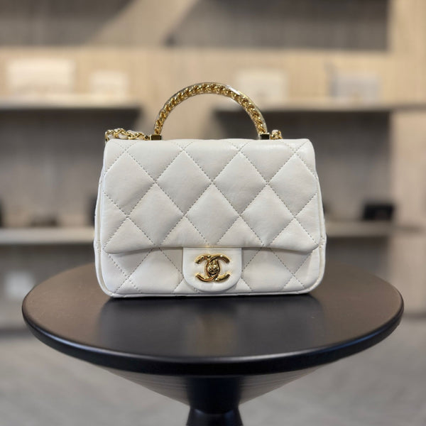 Chanel White Quilted Leather Top Handle Bag With Gold-Tone Chain Strap & CC Logo