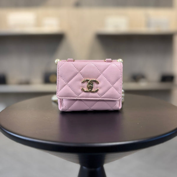 Chanel Pink Quilted Lambskin Mini Flap Bag With Pearl Strap