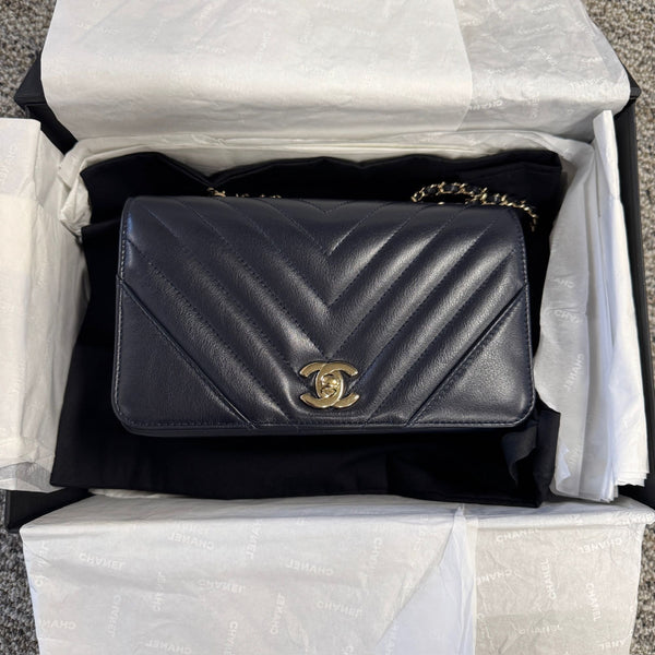 Chanel Navy Chevron Quilted Classic Wallet On Chain Bag With Gold-Tone Hardware