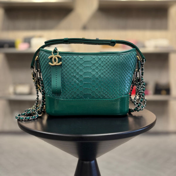 Chanel Green Python-Embossed Leather Gabrielle Bag With Chain Strap & CC Charm Authentic Luxury Handbag