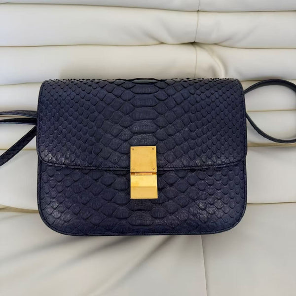 CelineNavy Blue Python Medium Classic Box Flap Bag