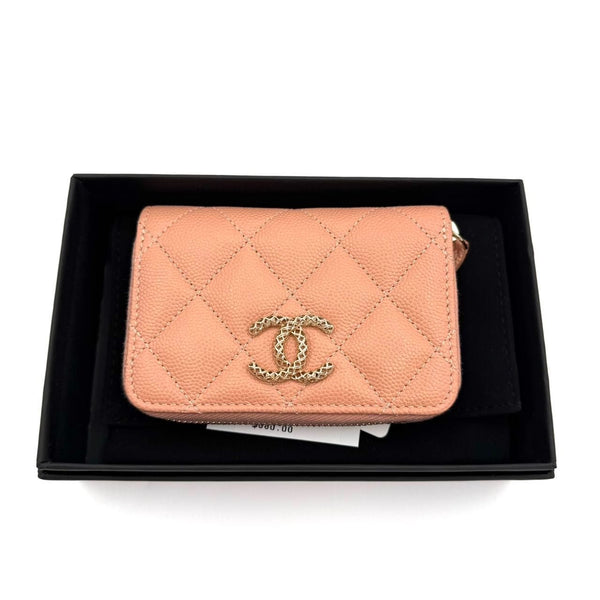 Chanel Quilted Leather Zippered Card Holder Wallet In Peach With Gold-Tone CC Logo