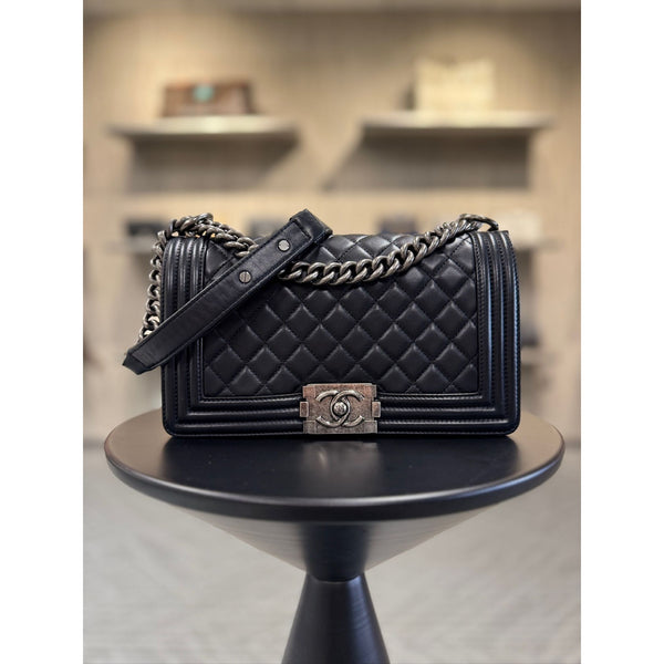 Chanel Black Quilted Leather Boy Bag  Old Medium With Chain Strap & Silver-Tone Hardware
