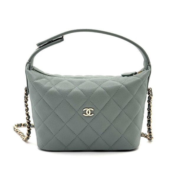 Chanel Gray Quilted Calfskin Leather Shoulder Bag With Chain Strap & CC Logo Womens Designer Handbag