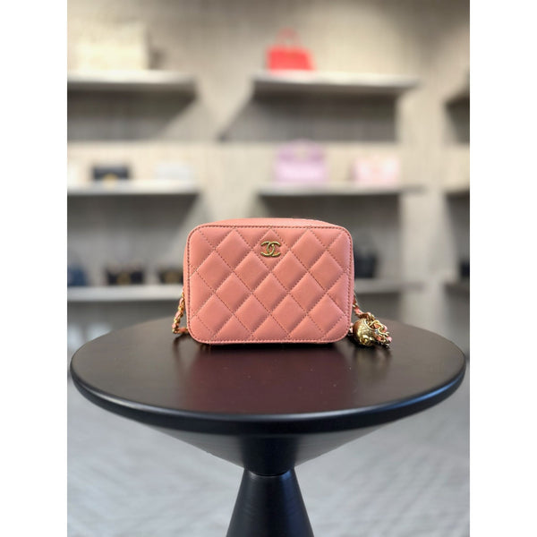 Chanel Quilted Coral Pink Lambskin Leather Mini Crossbody Bag With Gold-Tone Chain Strap & Zipper Closure